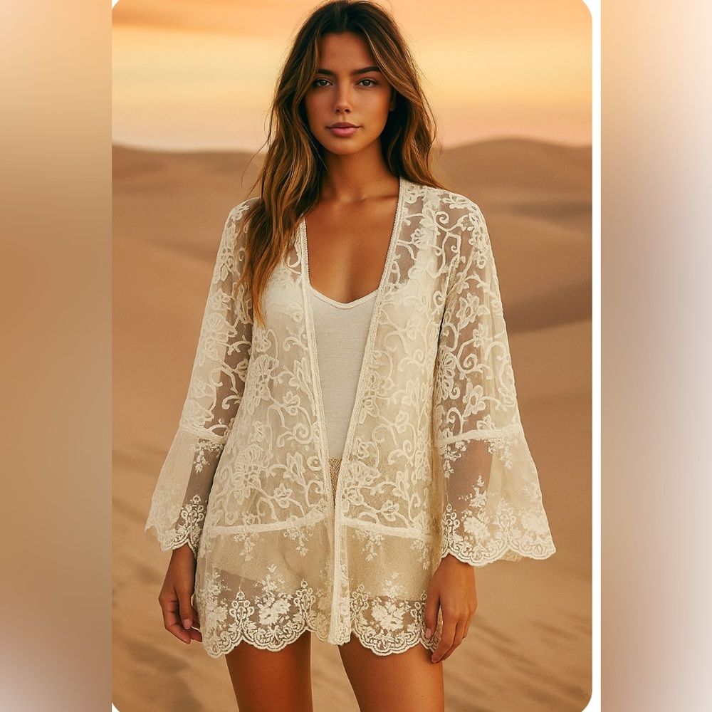 L*Space Elegant Ecru Lacy Cover Up, Long Sleeves, New without Tags, XS/S